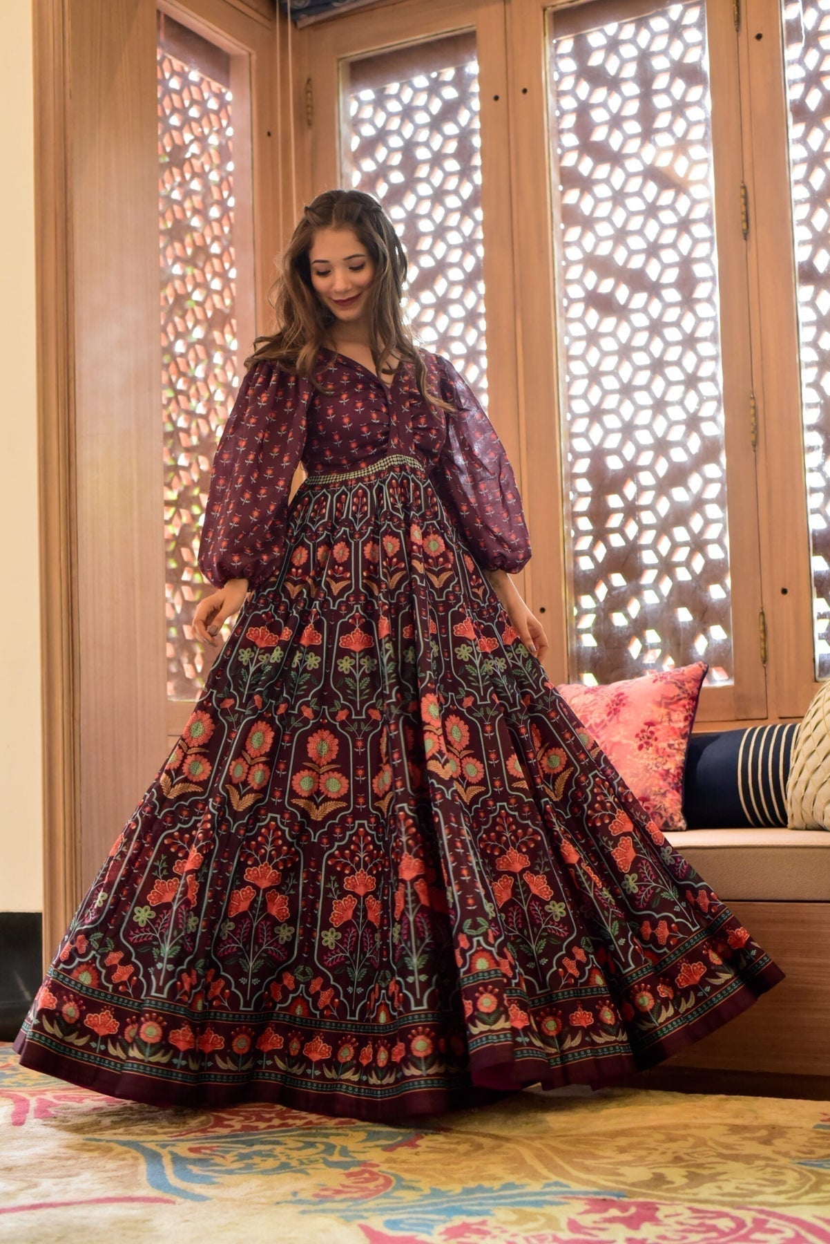 Block Print Anarkali 3 Pieces Combo Kurta, Palazzo & Dupatta - Set 16