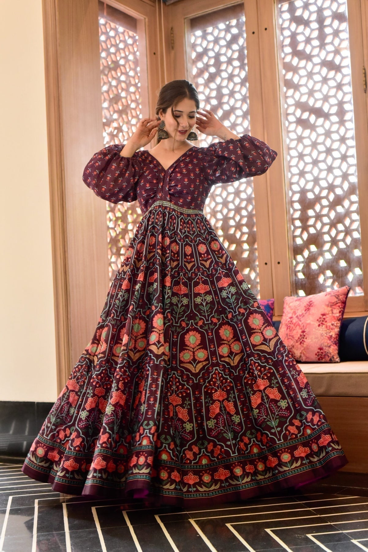 Block Print Anarkali 3 Pieces Combo Kurta, Palazzo & Dupatta - Set 16