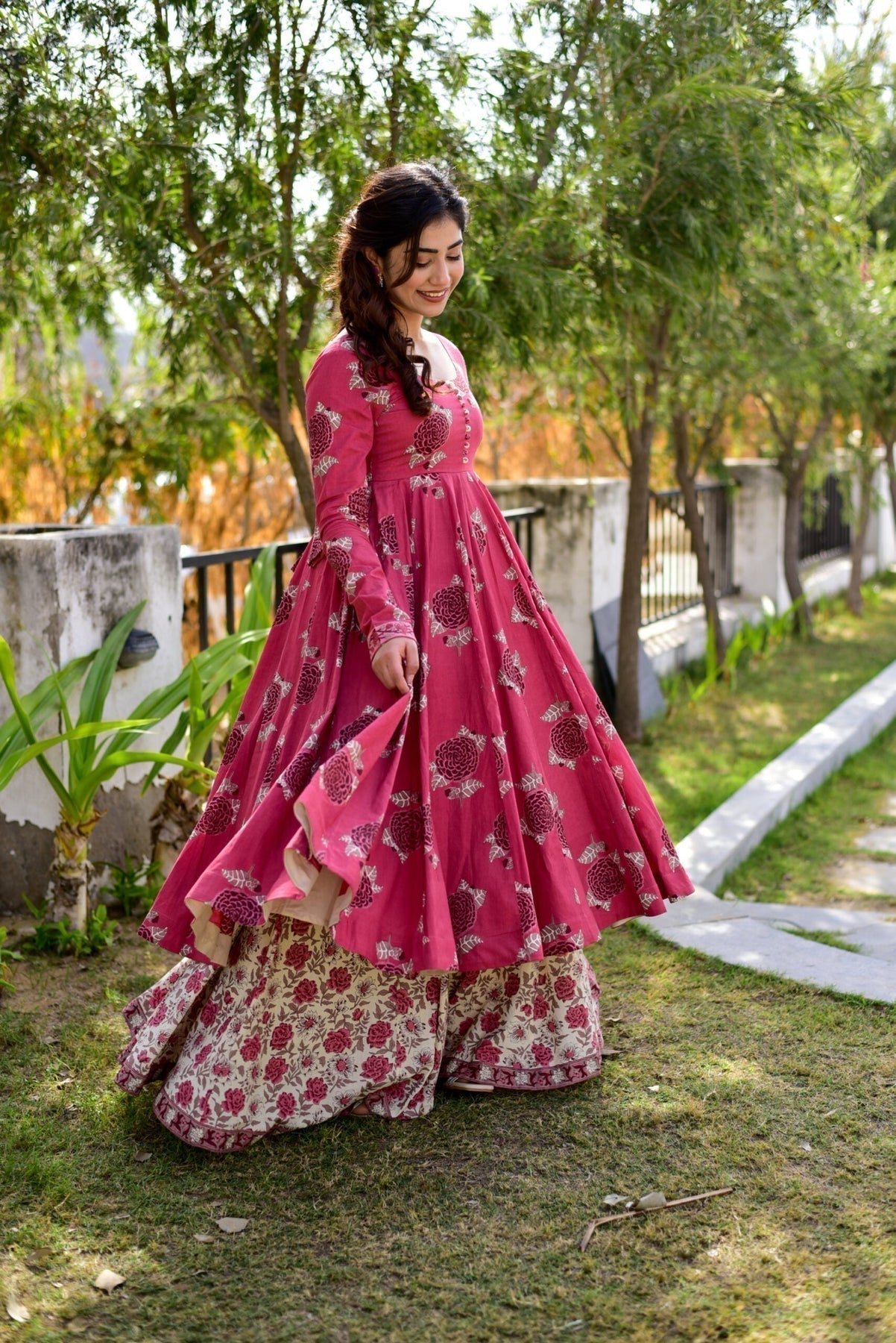 Block Print Anarkali 3 Pieces Combo Kurta, Palazzo & Dupatta - Set 8