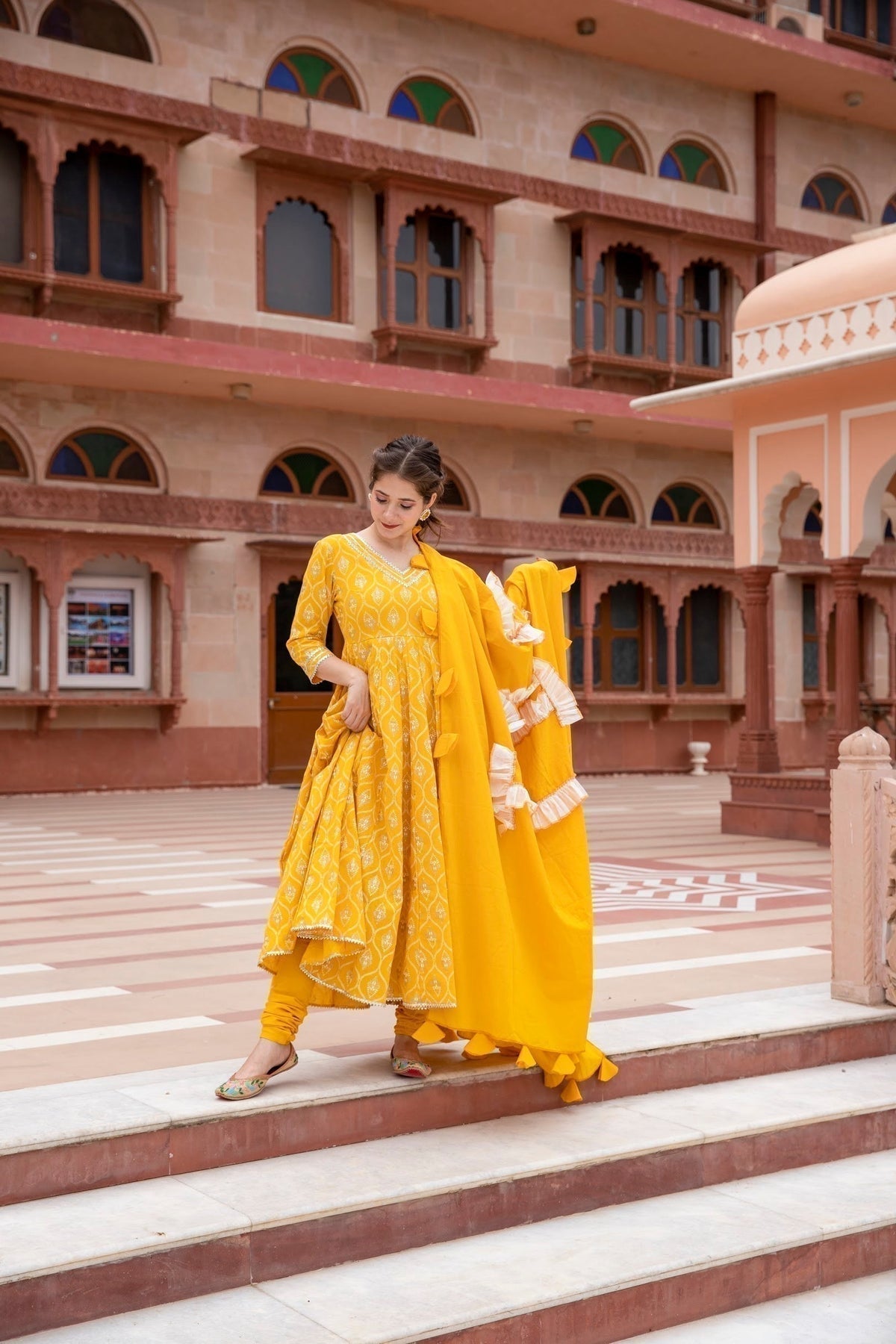 Block Print Anarkali 3 Pieces Combo Kurta, Palazzo & Dupatta - Set 12
