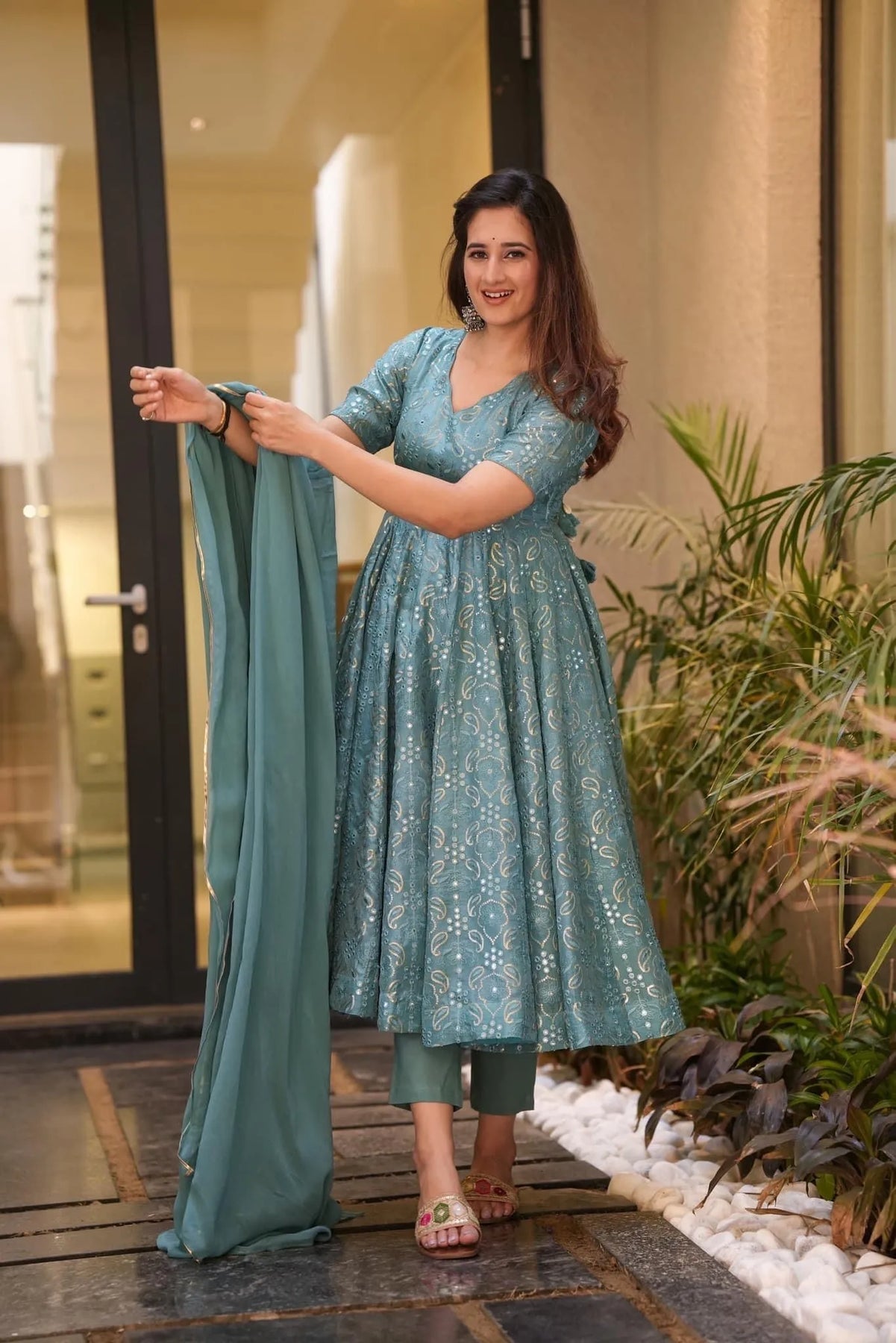 Block Print Anarkali 3 Pieces Combo Kurta, Palazzo & Dupatta - Set 1