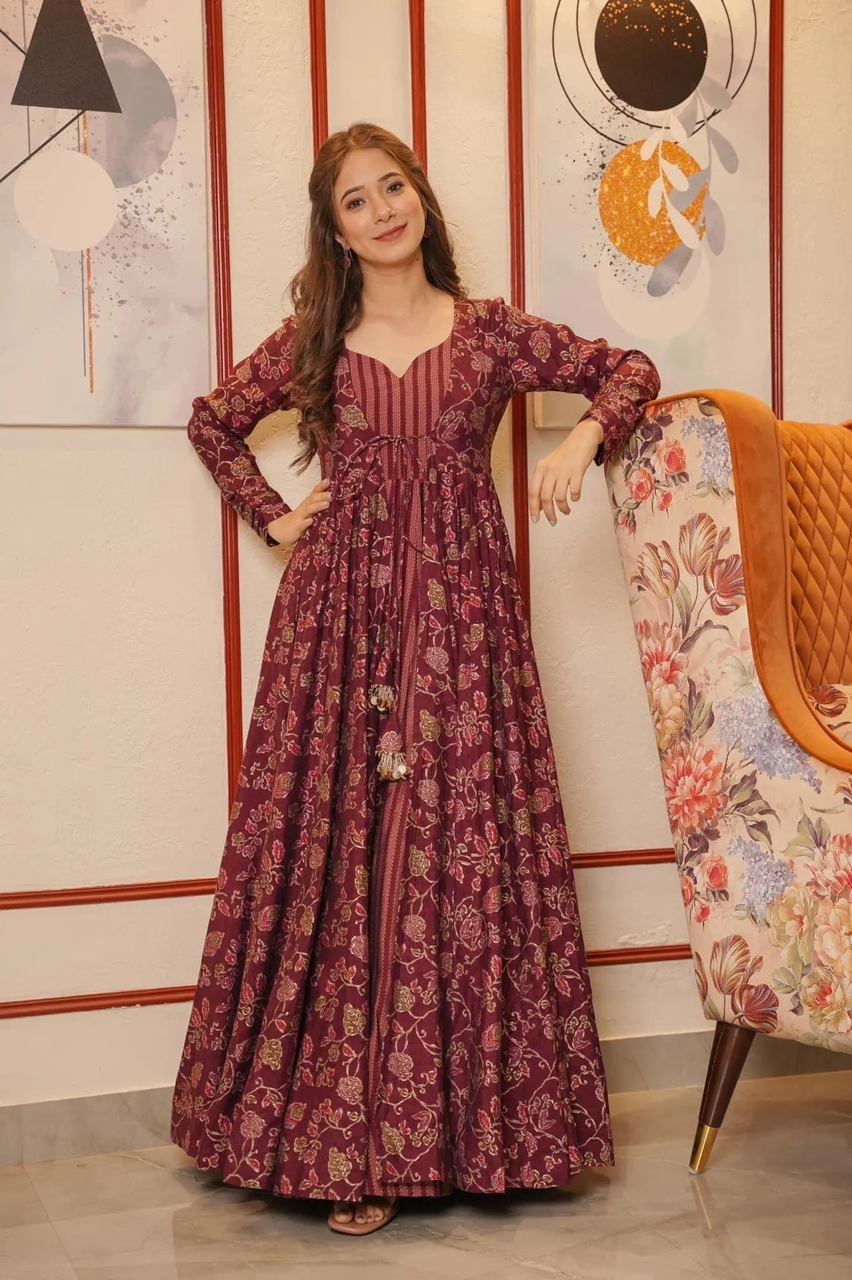 Block Print Anarkali 3 Pieces Combo Kurta, Palazzo & Dupatta - Set 2