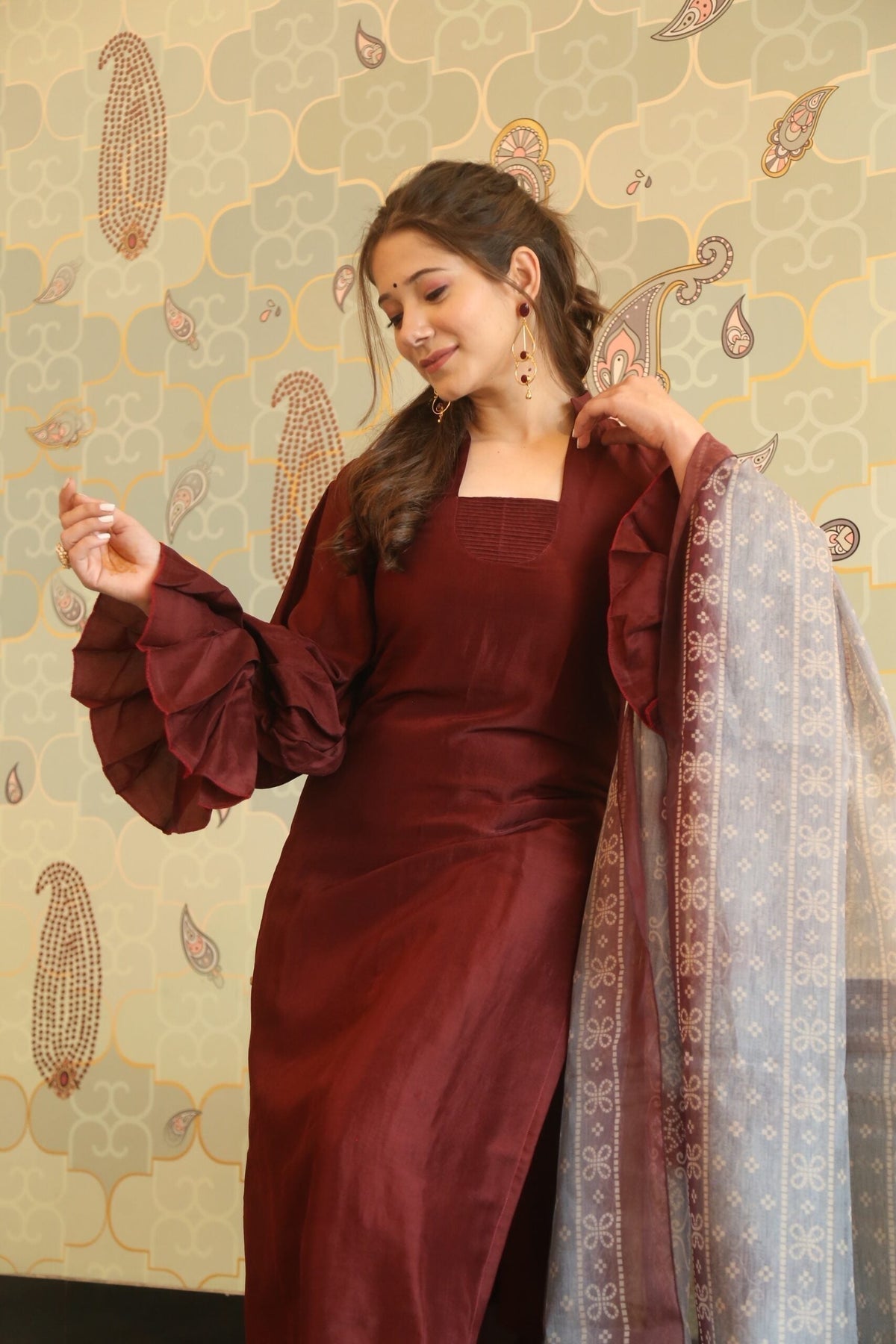 Block Print Anarkali 3 Pieces Combo Kurta, Palazzo & Dupatta - Set 14