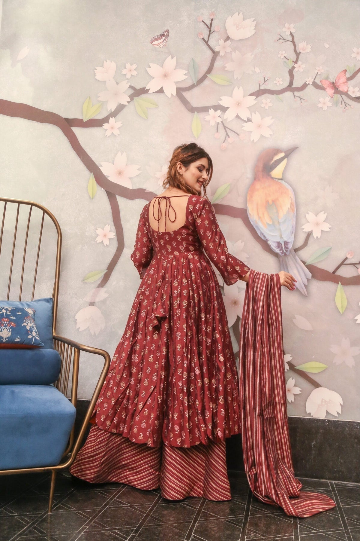 Block Print Anarkali 3 Pieces Combo Kurta, Palazzo & Dupatta - Set 10