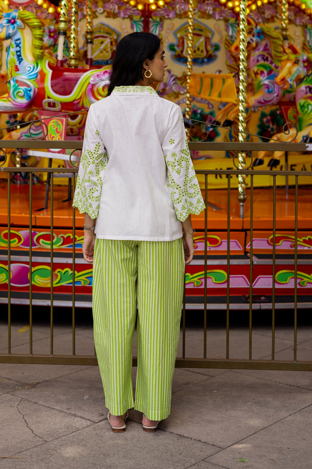 White Linen Cutwork Top with Green Striped Pants – Elegant Fusion Co-Ord Set