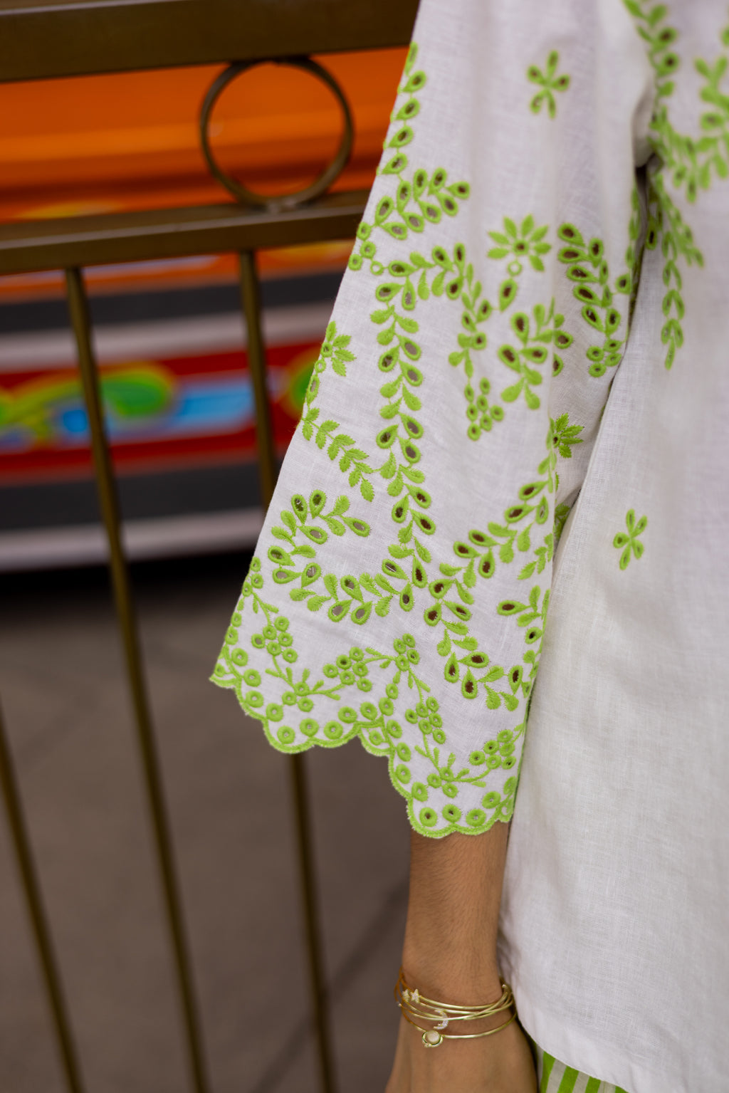 White Linen Cutwork Top with Green Striped Pants – Elegant Fusion Co-Ord Set
