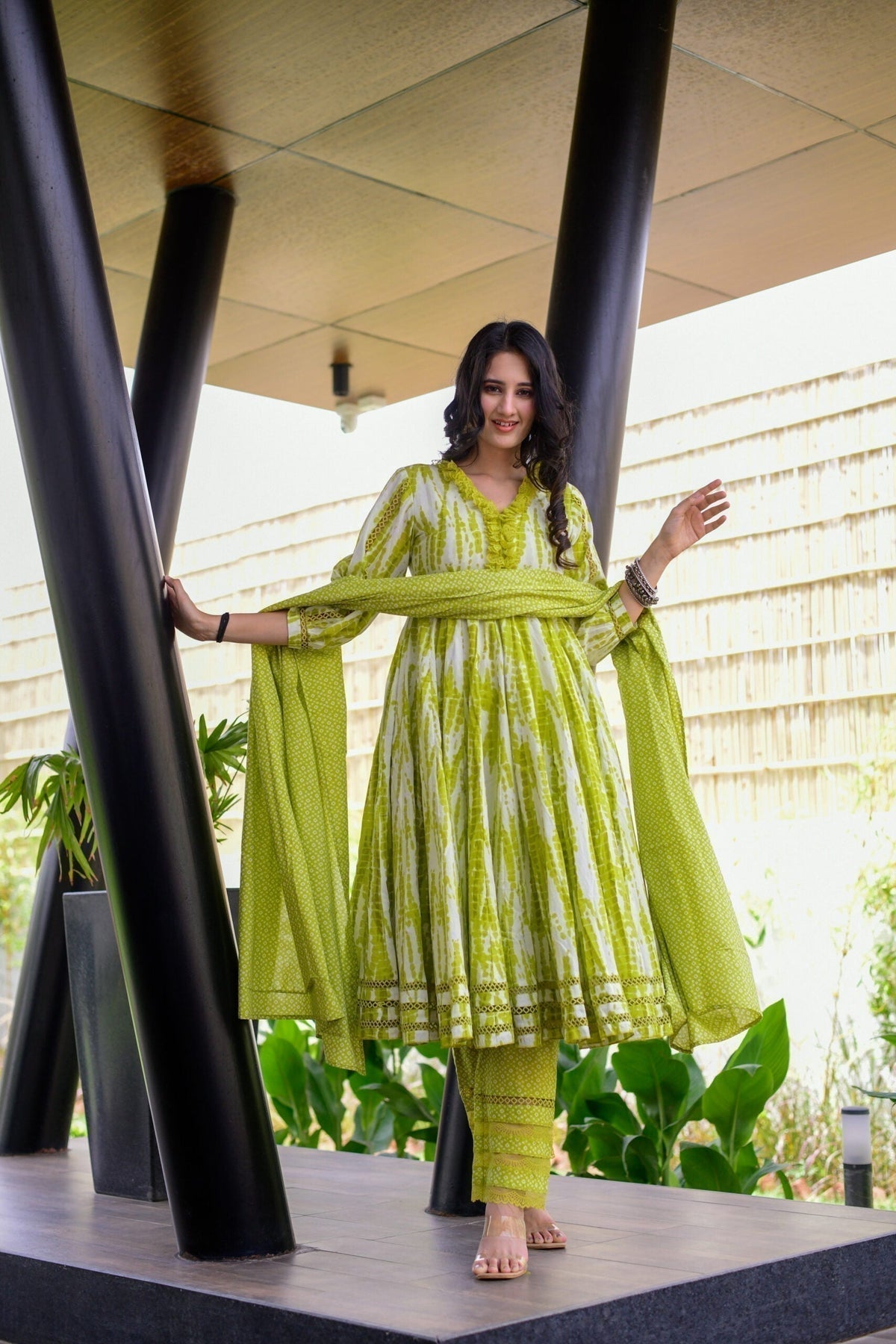 Block Print Anarkali 3 Pieces Combo Kurta, Palazzo & Dupatta - Set 7