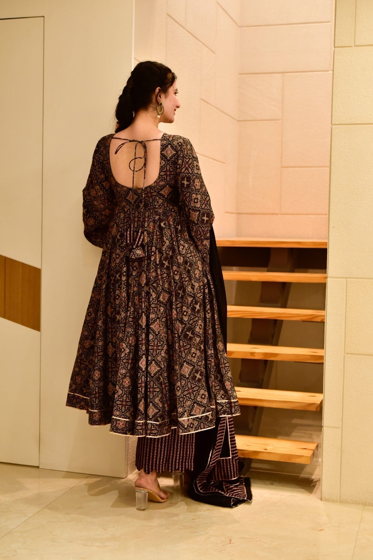 Block Print Anarkali 3 Pieces Combo Kurta, Palazzo & Dupatta - Set 9