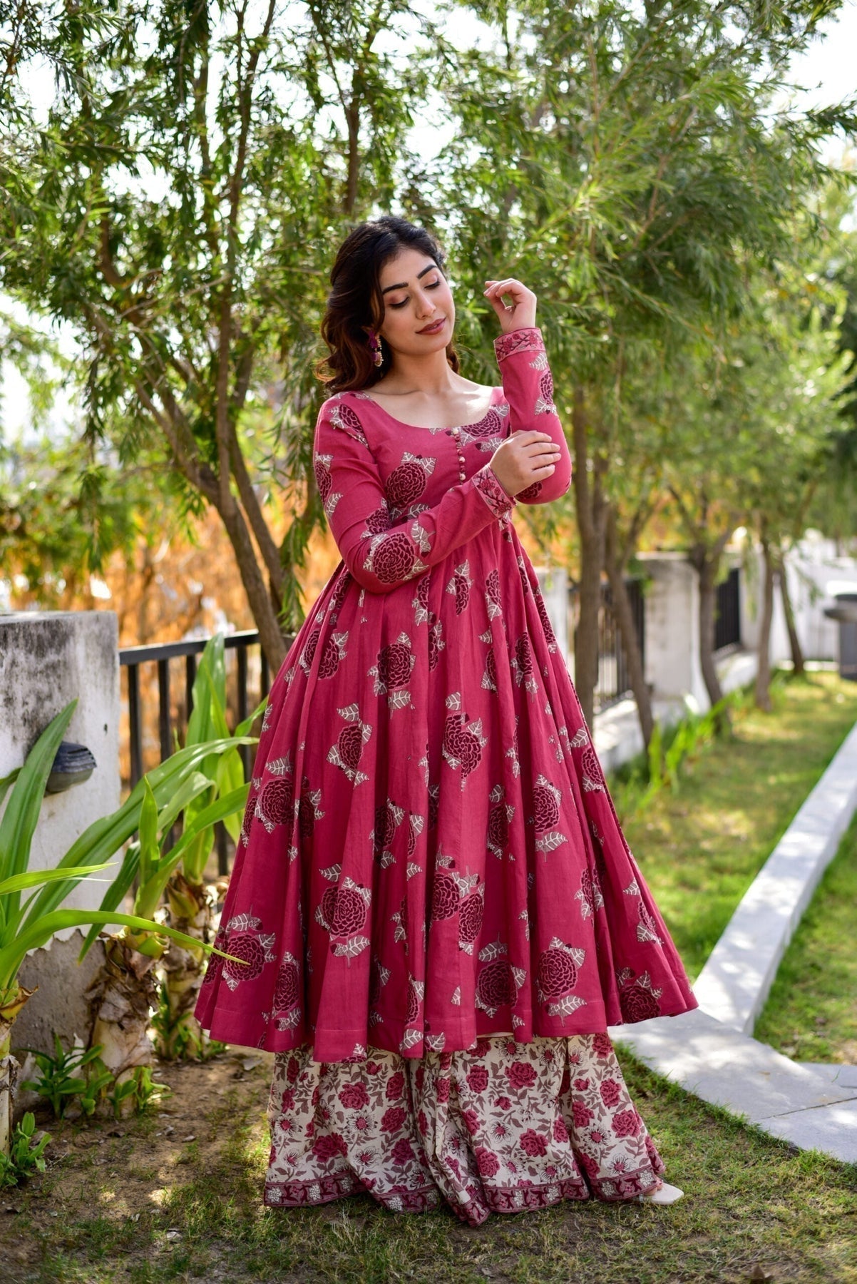 Block Print Anarkali 3 Pieces Combo Kurta, Palazzo & Dupatta - Set 8