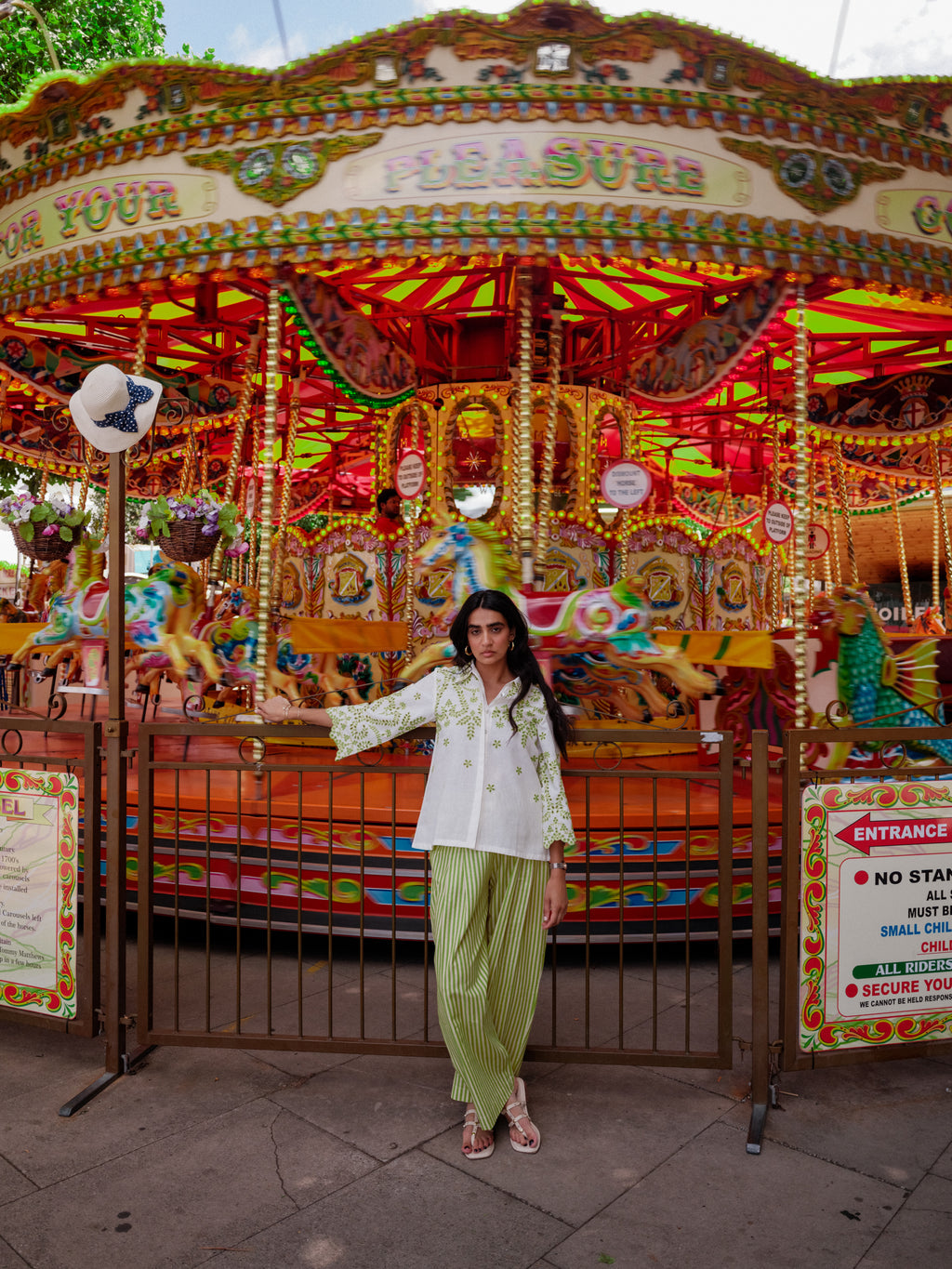 White Linen Cutwork Top with Green Striped Pants – Elegant Fusion Co-Ord Set