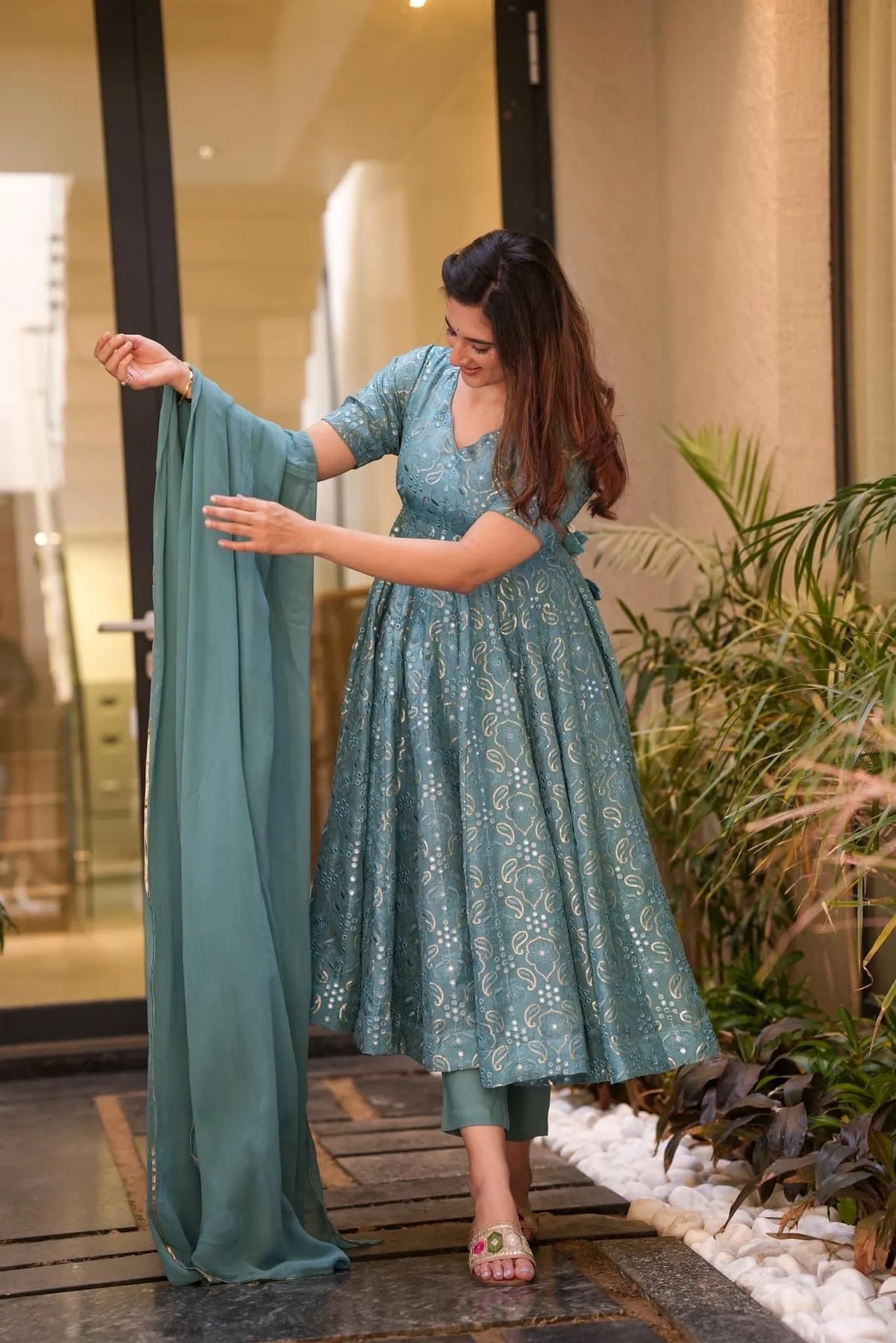Block Print Anarkali 3 Pieces Combo Kurta, Palazzo & Dupatta - Set 1