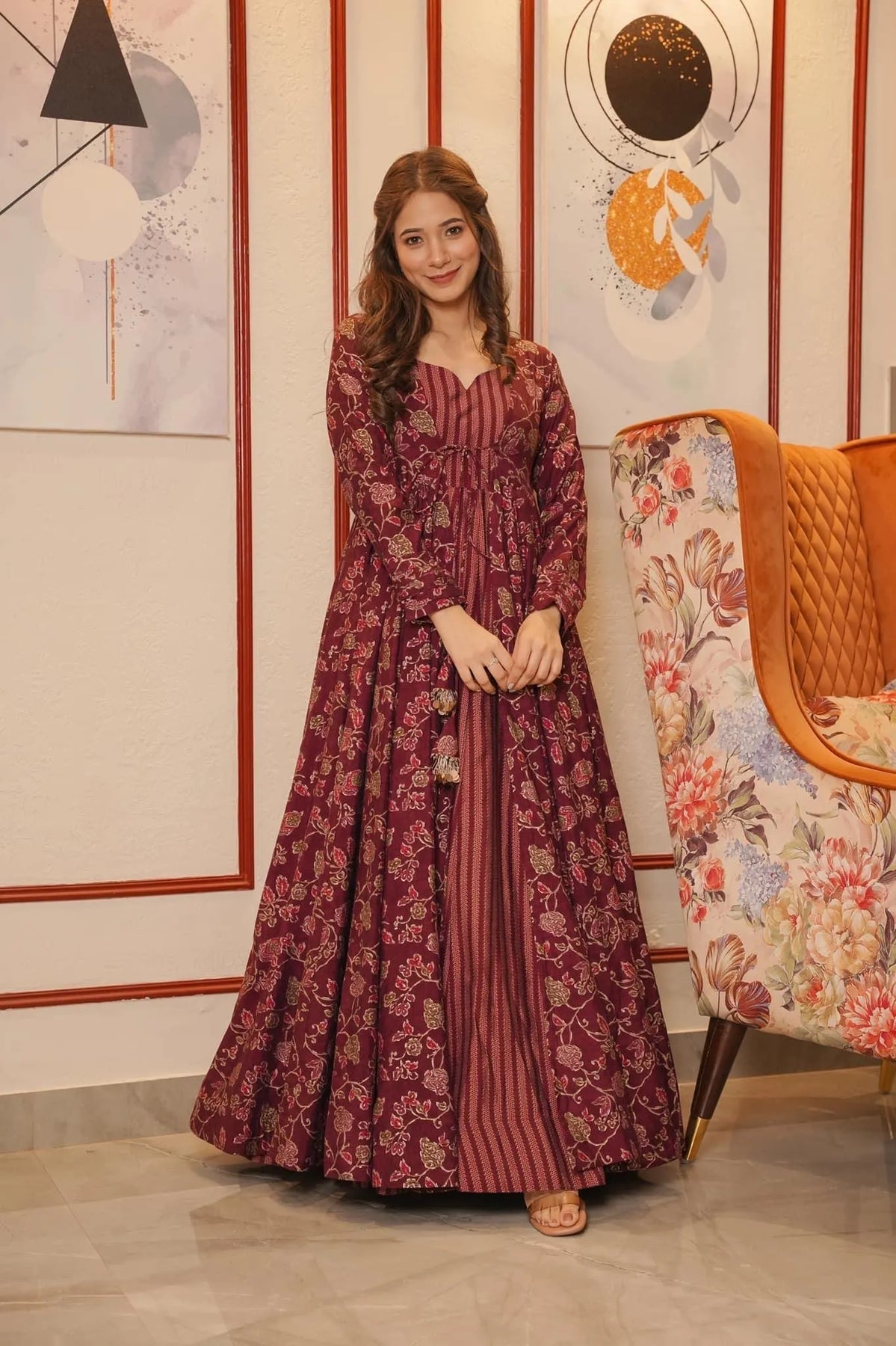 Block Print Anarkali 3 Pieces Combo Kurta, Palazzo & Dupatta - Set 2