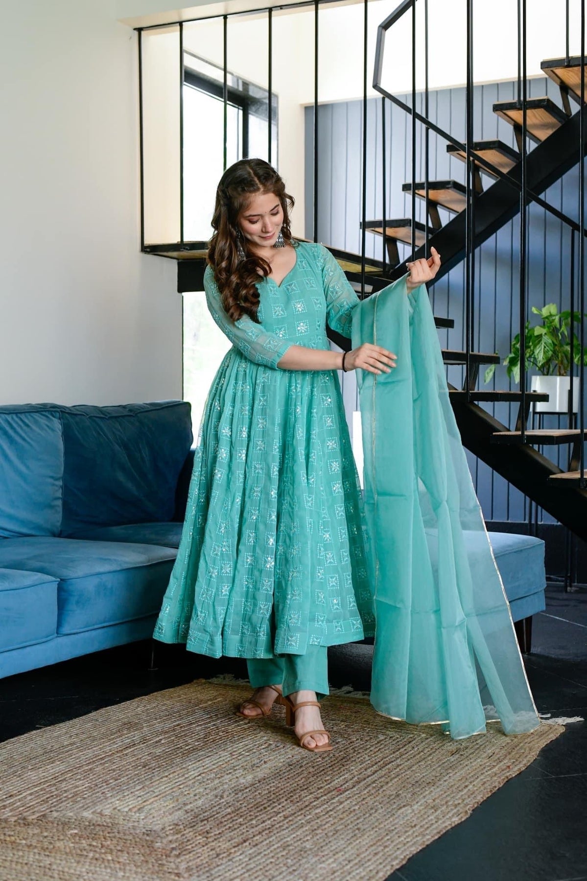 Block Print Anarkali 3 Pieces Combo Kurta, Palazzo & Dupatta - Set 3