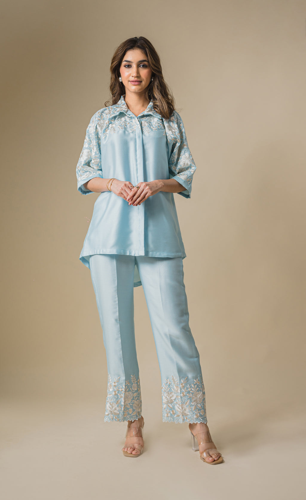 Light Blue Co-Ord Set – Delicate Floral Embroidery with a Graceful Silhouette