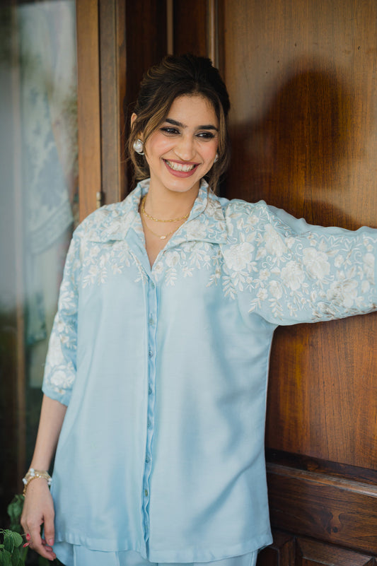 Light Blue Co-Ord Set – Delicate Floral Embroidery with a Graceful Silhouette