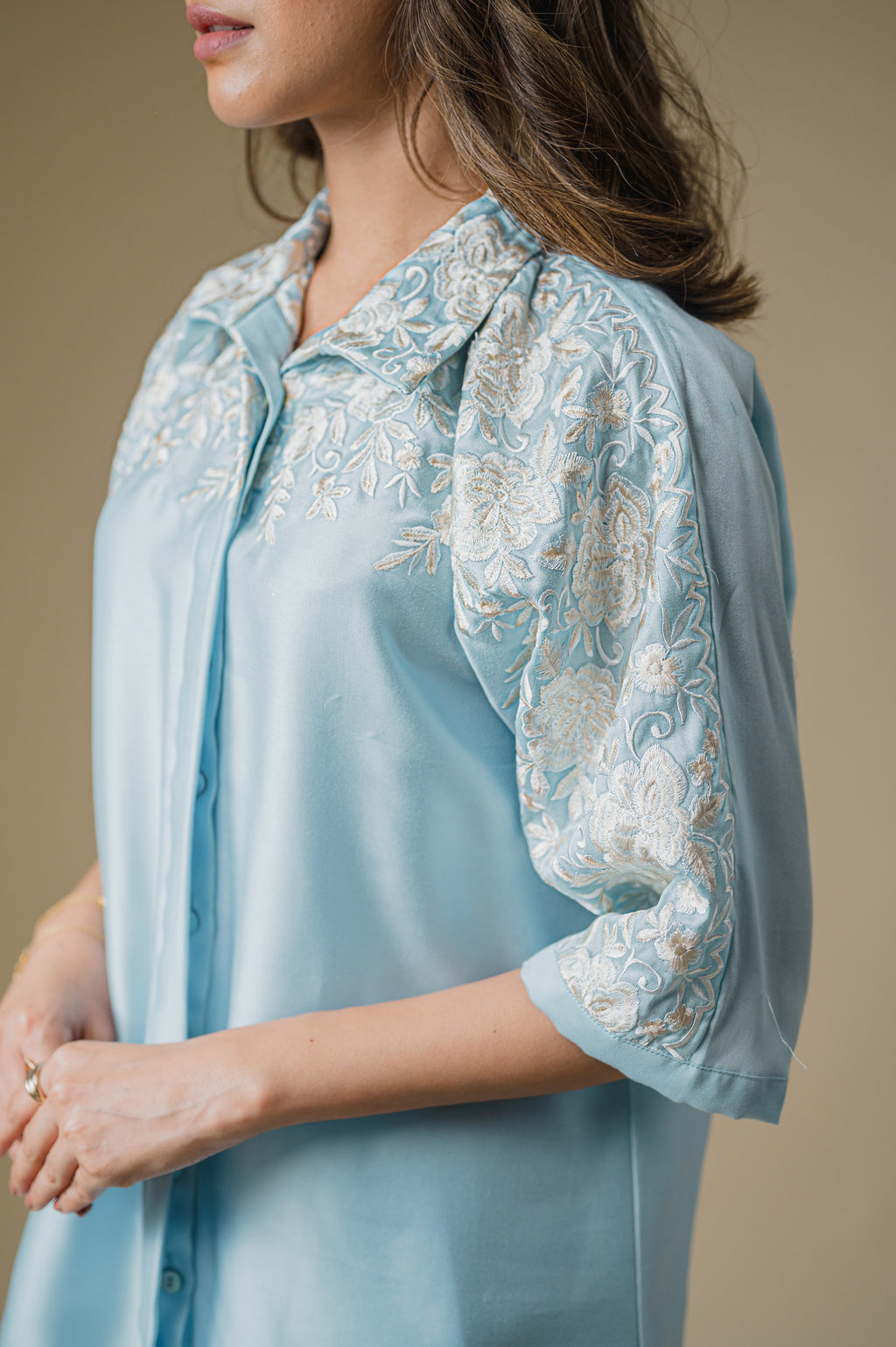 Light Blue Co-Ord Set – Delicate Floral Embroidery with a Graceful Silhouette