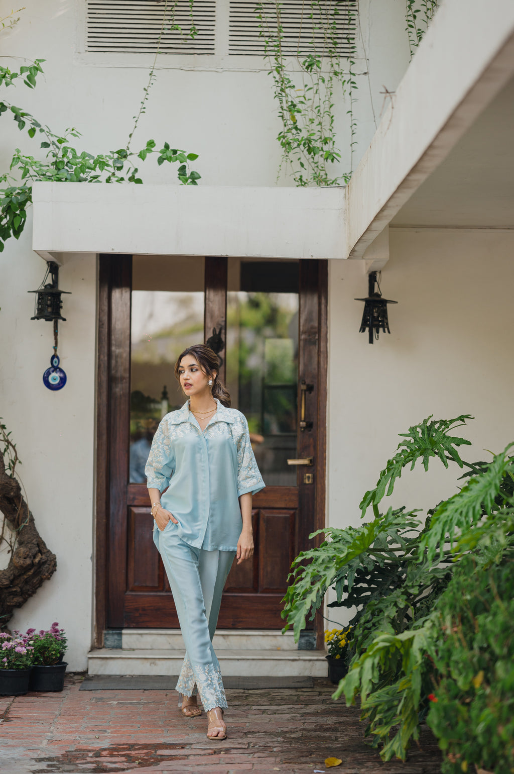 Light Blue Co-Ord Set – Delicate Floral Embroidery with a Graceful Silhouette