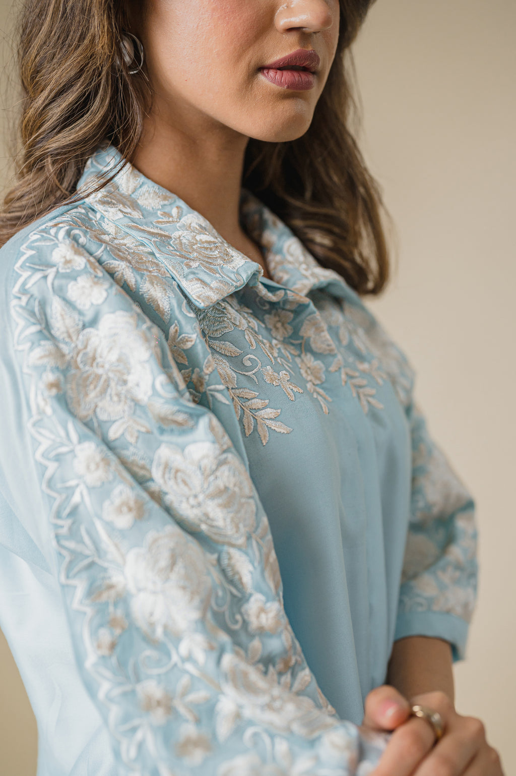 Light Blue Co-Ord Set – Delicate Floral Embroidery with a Graceful Silhouette