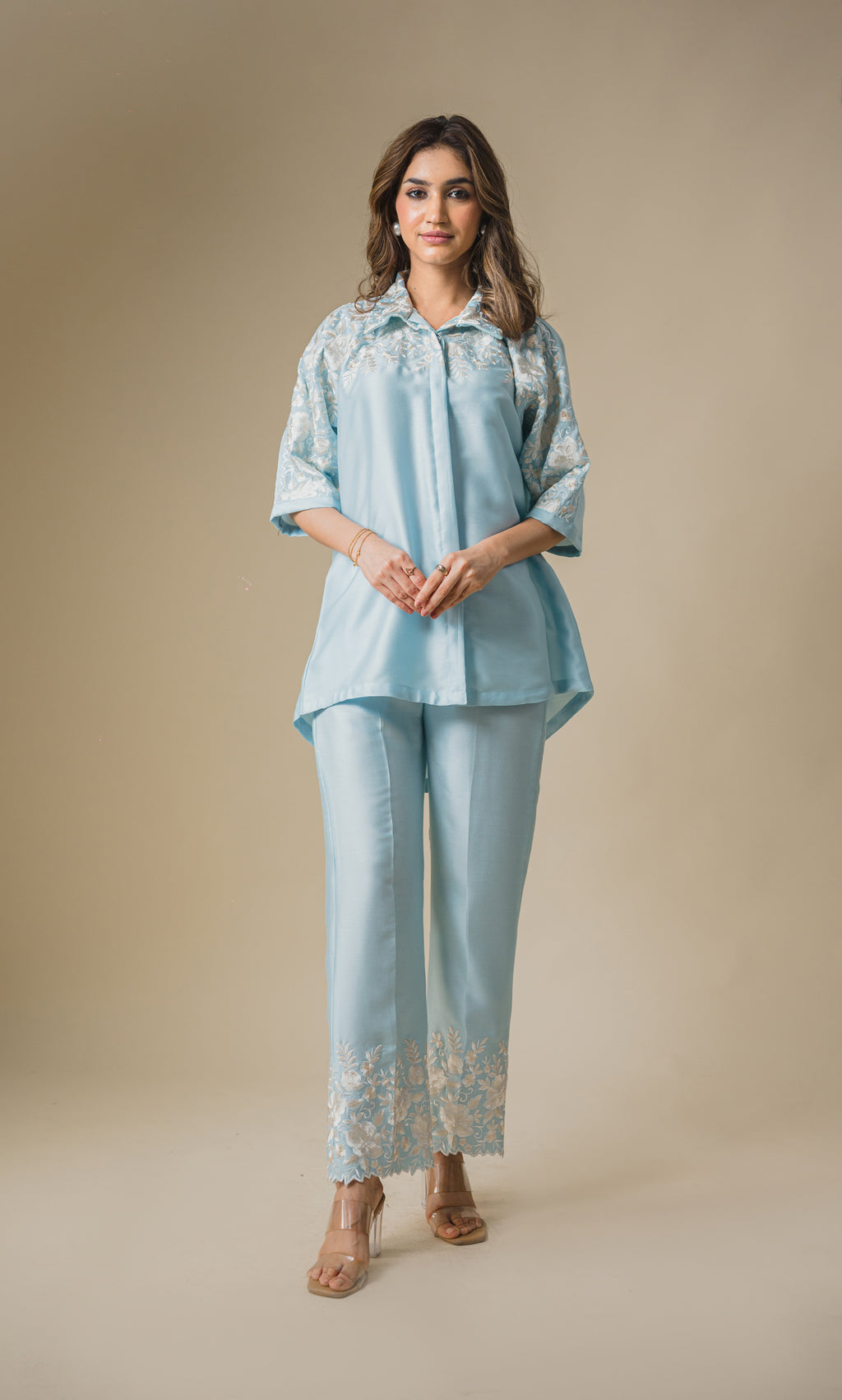 Light Blue Co-Ord Set – Delicate Floral Embroidery with a Graceful Silhouette
