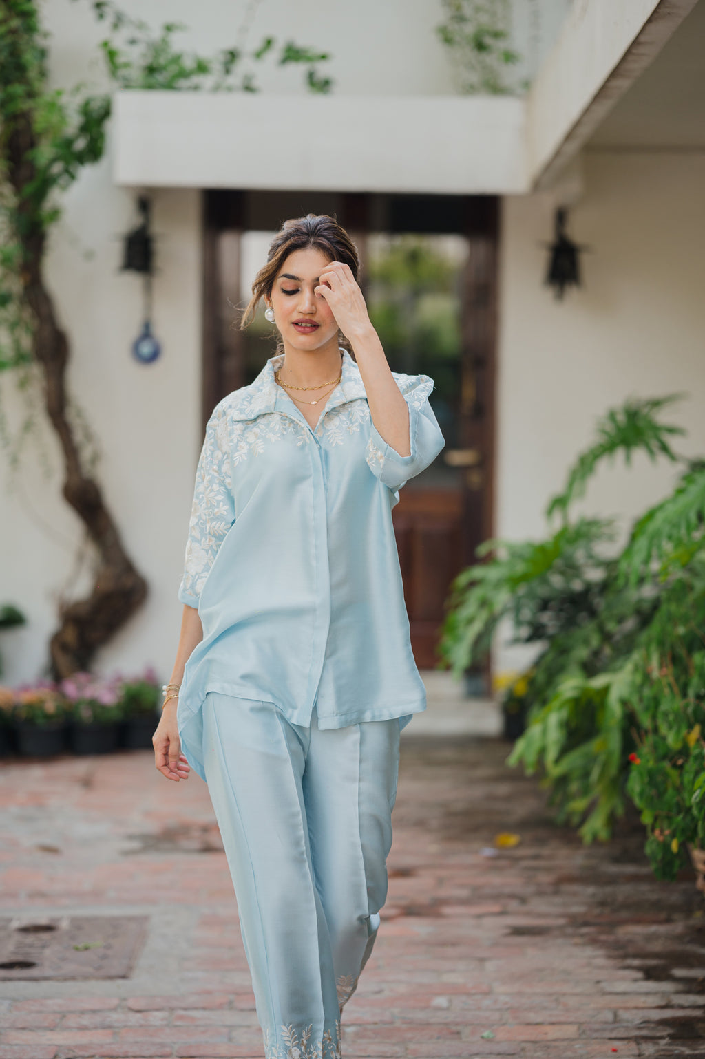 Light Blue Co-Ord Set – Delicate Floral Embroidery with a Graceful Silhouette