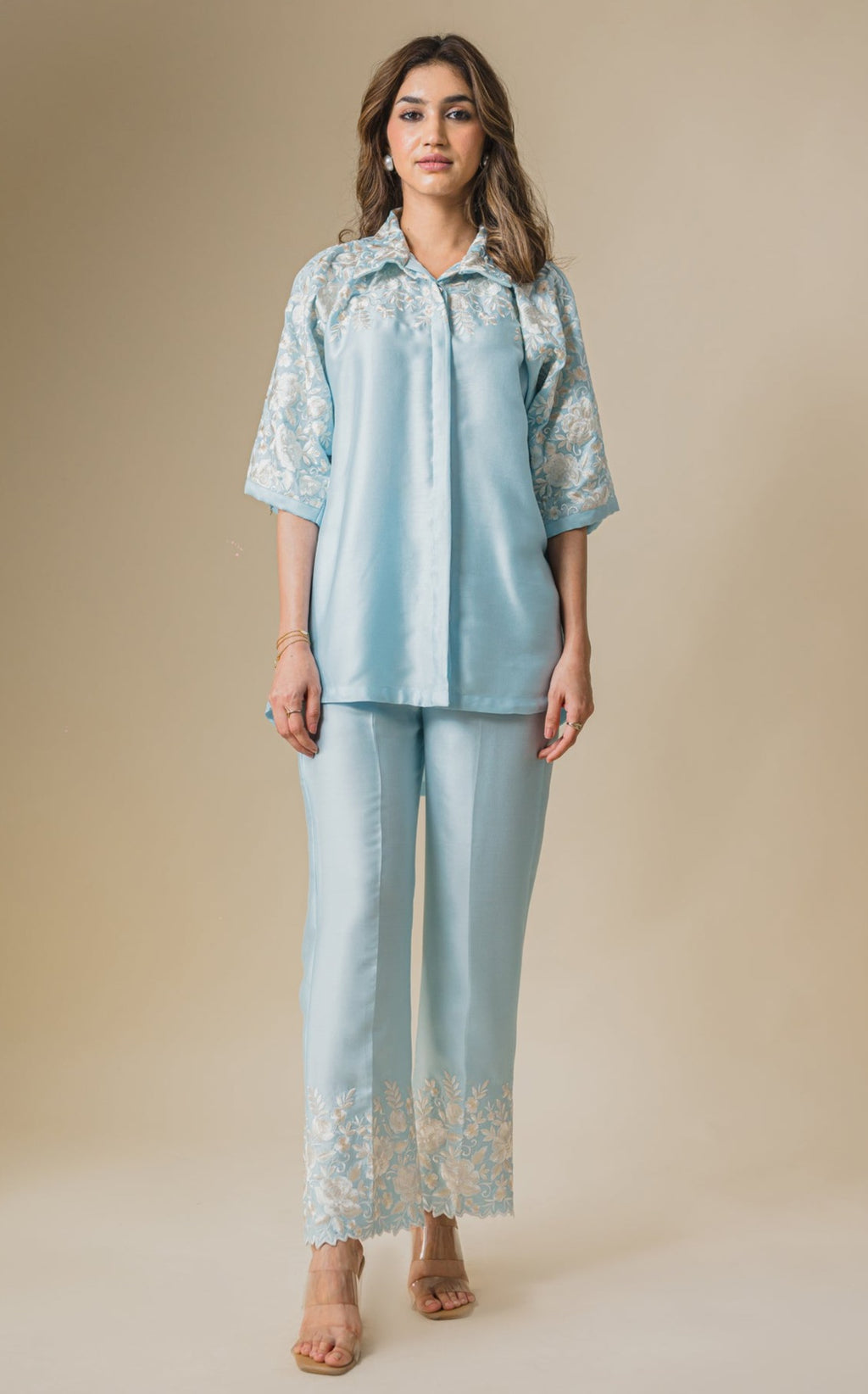 Light Blue Co-Ord Set – Delicate Floral Embroidery with a Graceful Silhouette