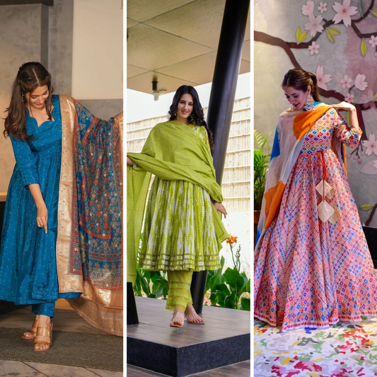 Block Print Anarkali 3 Pieces Combo Kurta, Palazzo & Dupatta - Set 7