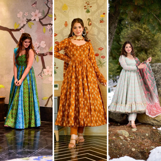 Block Print Anarkali 3 Pieces Combo Kurta, Palazzo & Dupatta - Set 20