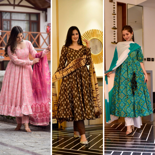 Block Print Anarkali 3 Pieces Combo Kurta, Palazzo & Dupatta - Set 6