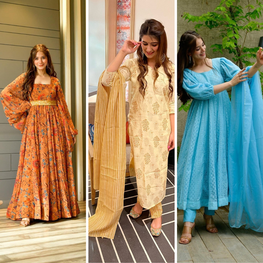 Block Print Anarkali 3 Pieces Combo Kurta, Palazzo & Dupatta - Set 21