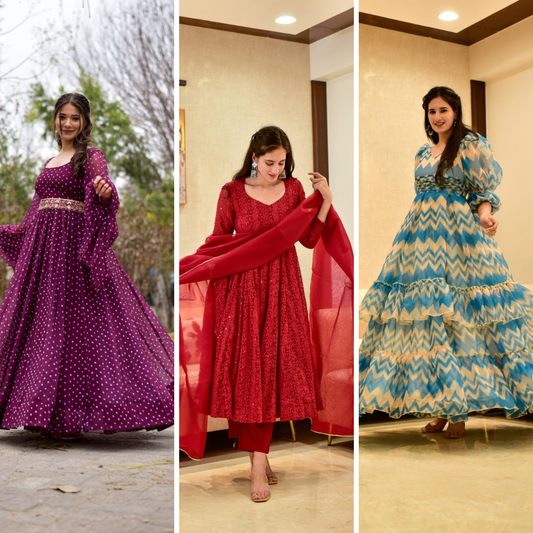 Block Print Anarkali 3 Pieces Combo Kurta, Palazzo & Dupatta - Set 19