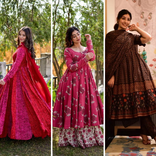 Block Print Anarkali 3 Pieces Combo Kurta, Palazzo & Dupatta - Set 8