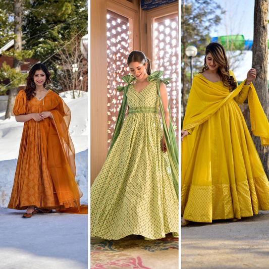 Block Print Anarkali 3 Pieces Combo Kurta, Palazzo & Dupatta - Set 23